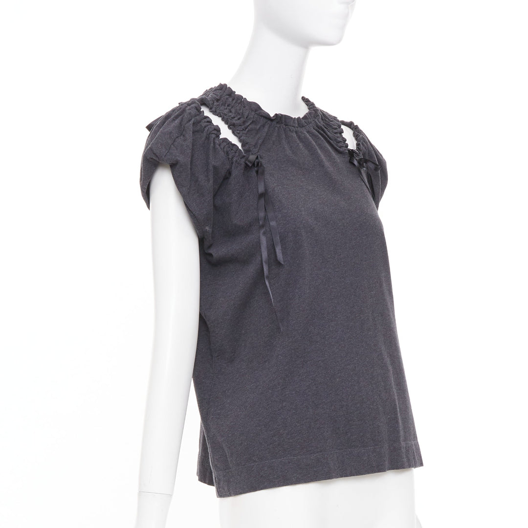 SIMONE ROCHA gray cold shoulder ruched ribbon detail puff sleeve cotton top S