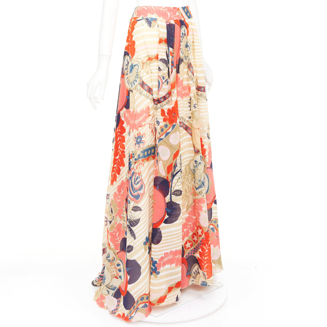 CHRISTIAN LACROIX stripe floral kaleidoscope print cotton silk skirt FR46 3XL