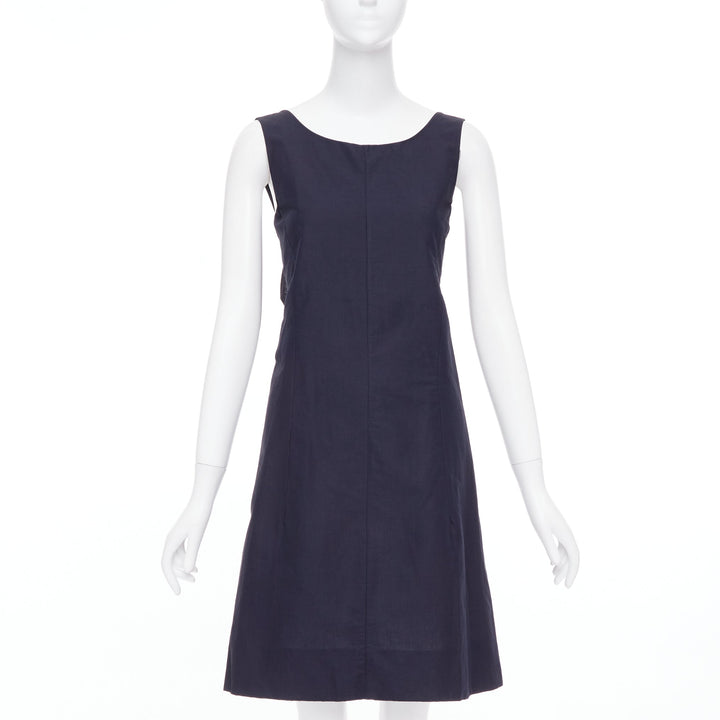 MARNI navy cotton linen blend dipped cowl neck back shift dress IT38 XS