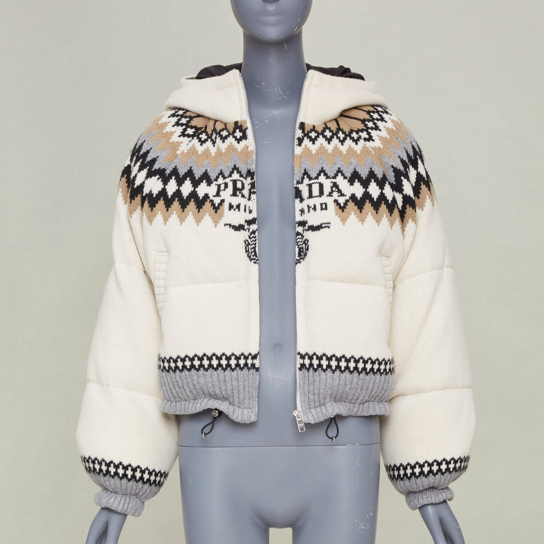 PRADA 2021 On Ice Jacquard Intarsia Logo ivory wool blend puffer jacket IT42 M