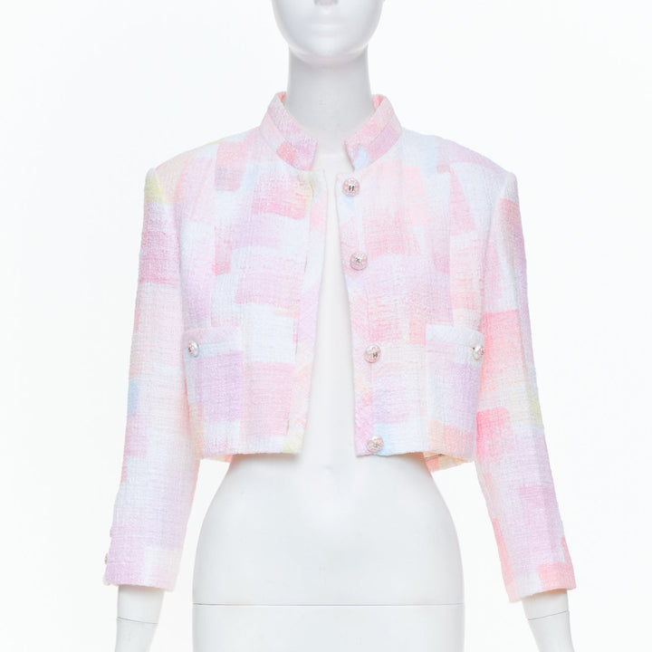 CHANEL 2023 Runway pastel pink painted check pearl button crop tweed jacket FR36