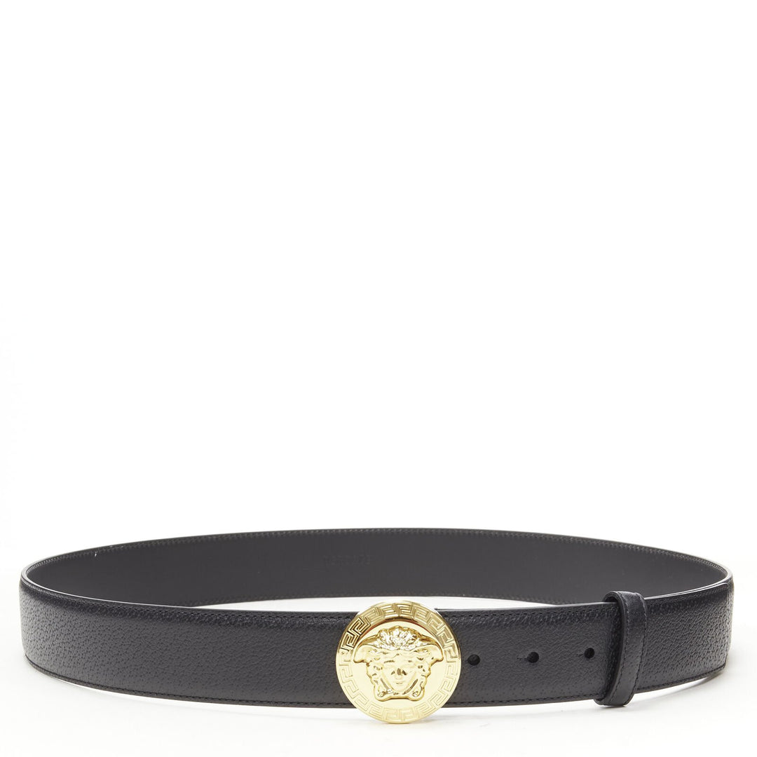 VERSACE Medusa Medallion Coin gold black leather belt 110cm 42-46"