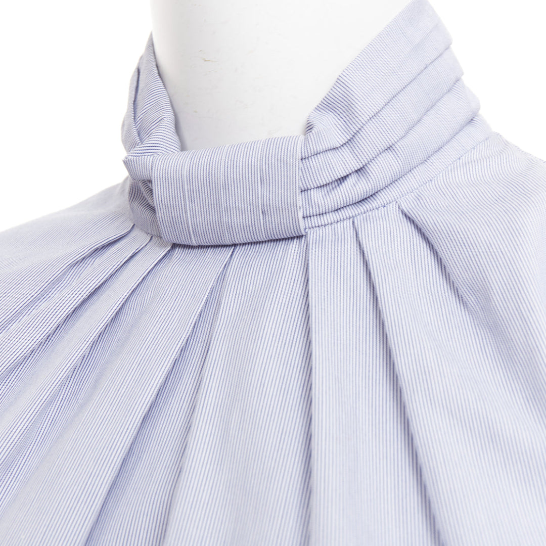 CELINE blue white pinstripe cotton high ruched collar puff sleeves blouse FR36 S