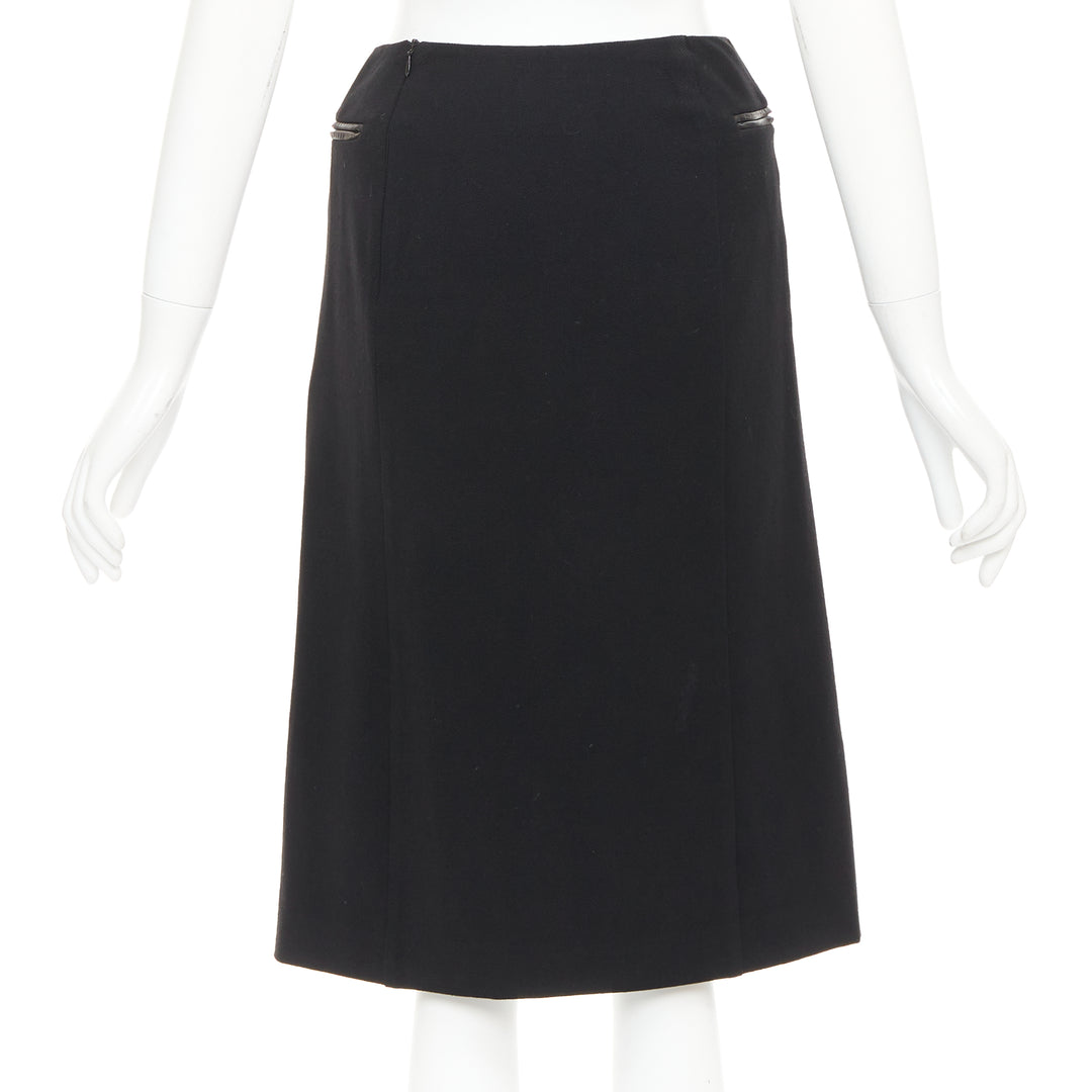 PRADA Vintage black wool minimal linear leather trim zip pocket skirt IT38 XS