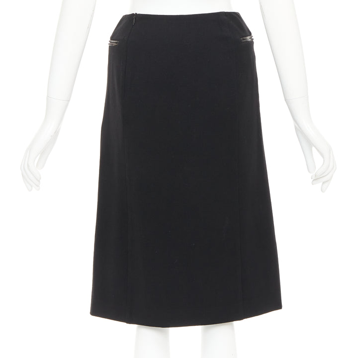PRADA Vintage black wool minimal linear leather trim zip pocket skirt IT38 XS