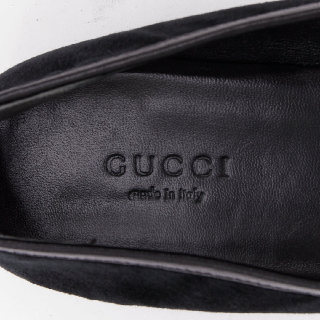 GUCCI Jordaan black velvet gold horsebit buckles leather trim loafer EU37.5