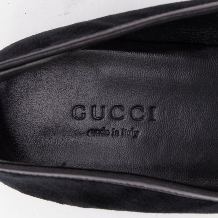GUCCI Jordaan black velvet gold horsebit buckles leather trim loafer EU37.5