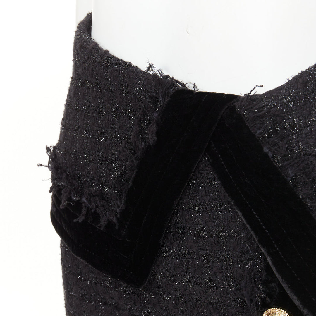 BALMAIN black cotton blend metallic tweed gold buttons foldover skirt FR34 XS