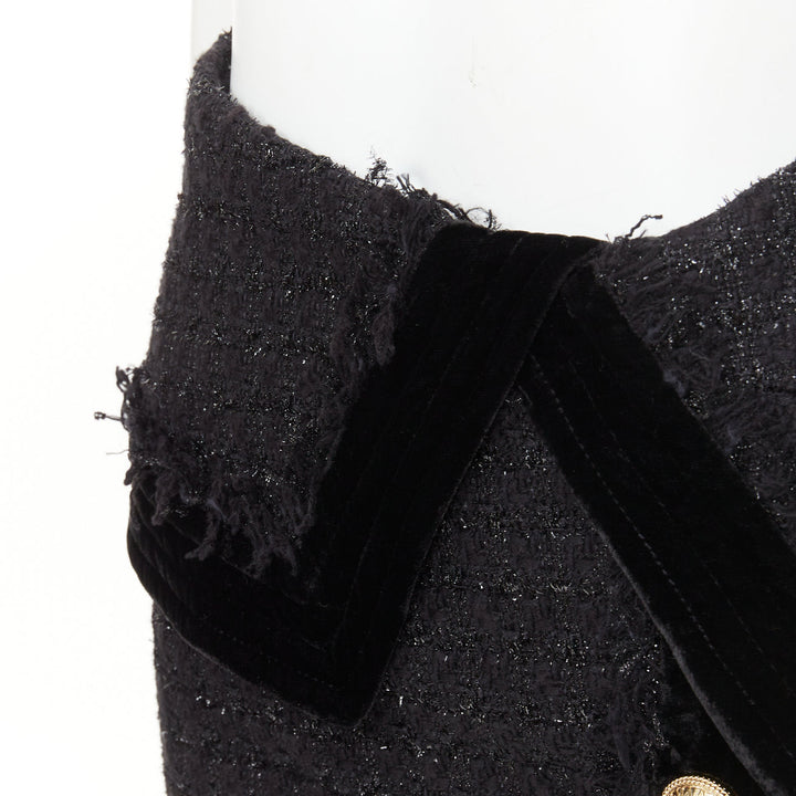 BALMAIN black cotton blend metallic tweed gold buttons foldover skirt FR34 XS