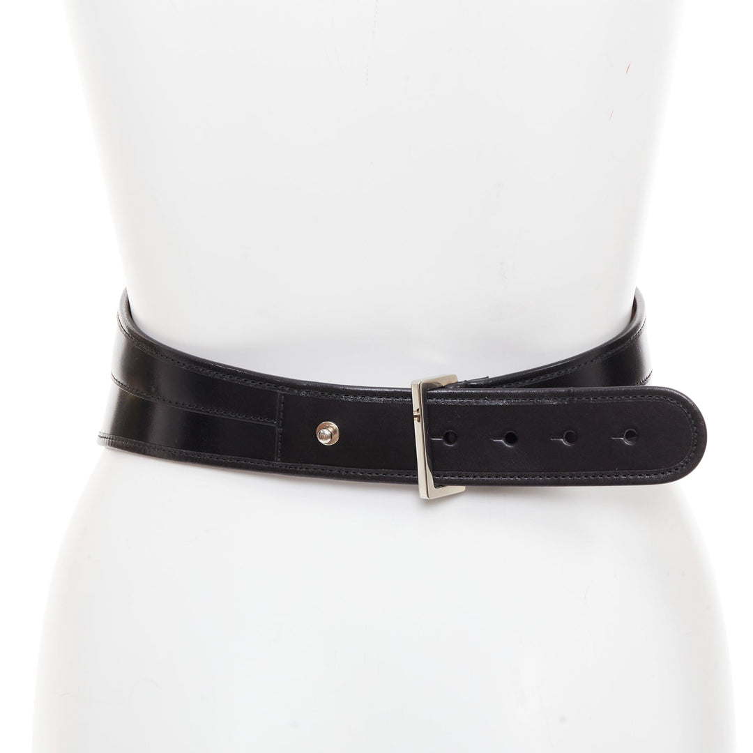 ALEXANDER MCQUEEN black polished leather hard overstitched corset waist belt 26"