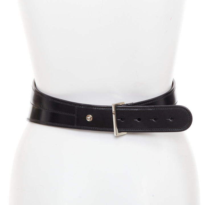 ALEXANDER MCQUEEN black polished leather hard overstitched corset waist belt 26"