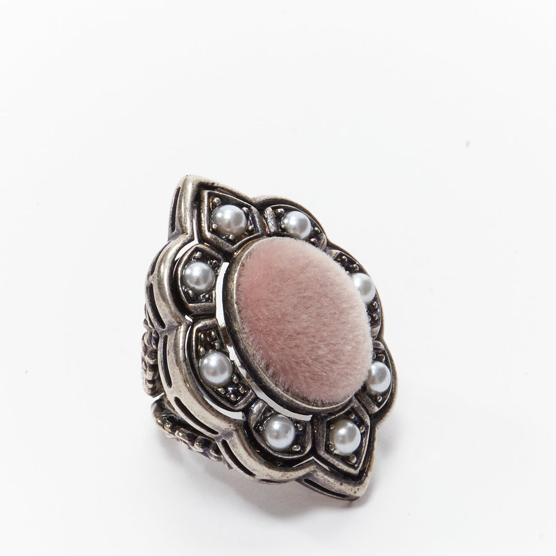 GUCCI Alessandro Michele pink velvet distressed silver oversized cocktail ring