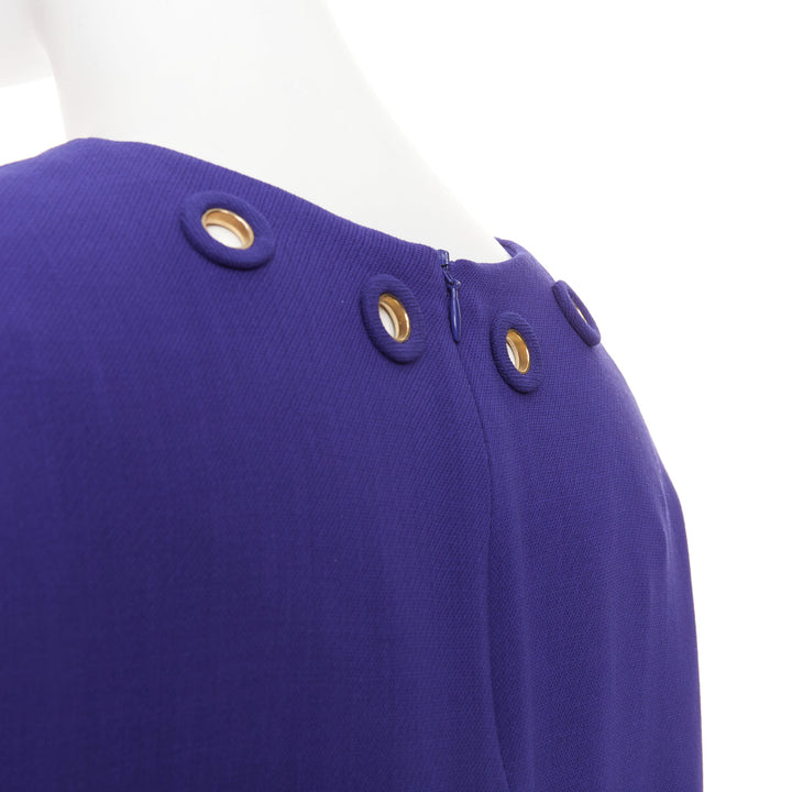 ESCADA bluebell cobalt wool crepe dual pocket eyelet shift dress FR40 L