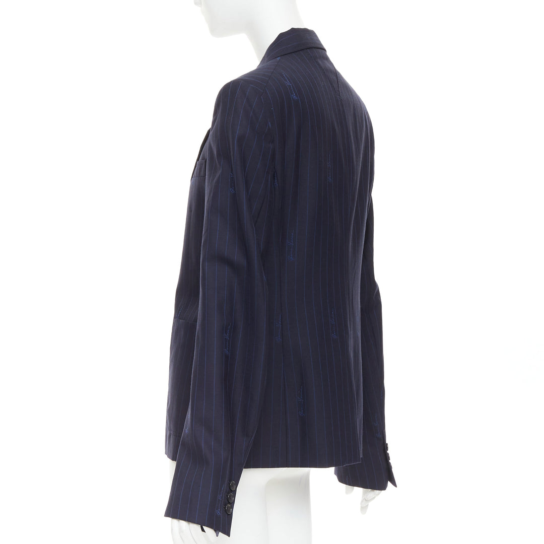 VERSACE navy virgin wool cotton GV Signature pinstripe blazer jacket IT40 S