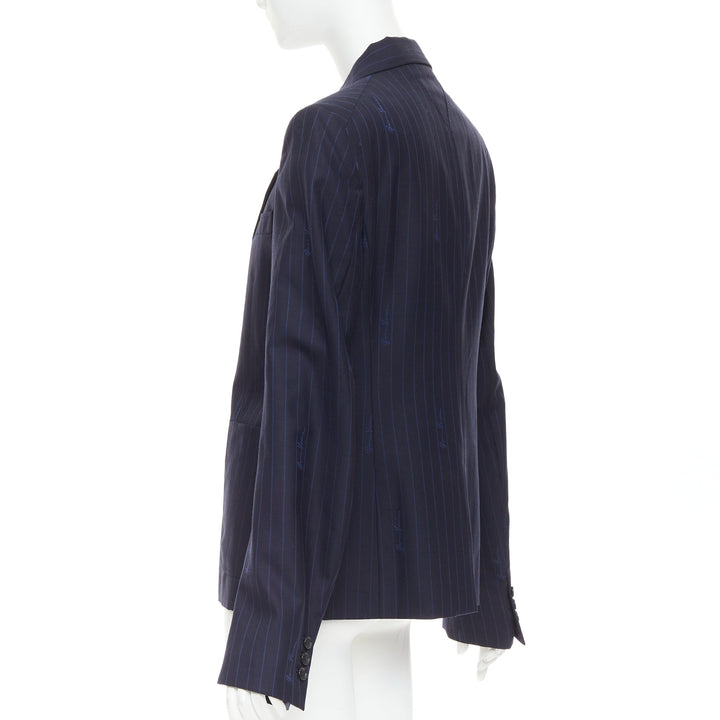 VERSACE navy virgin wool cotton GV Signature pinstripe blazer jacket IT40 S
