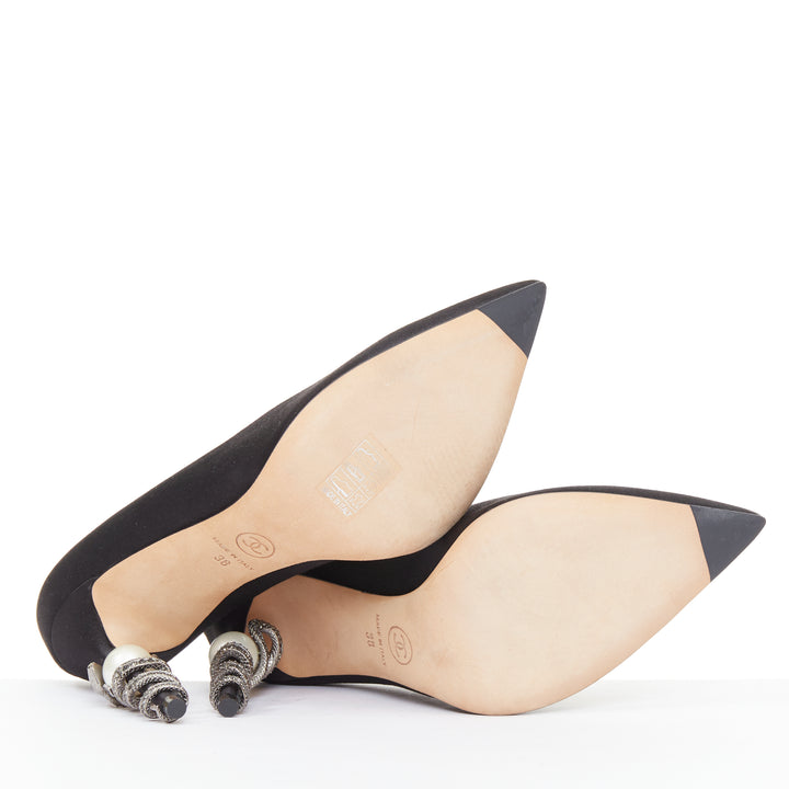 CHANEL 2016 Runway Serpent Pearl black satin CC pearl crystal snake  pump EU38