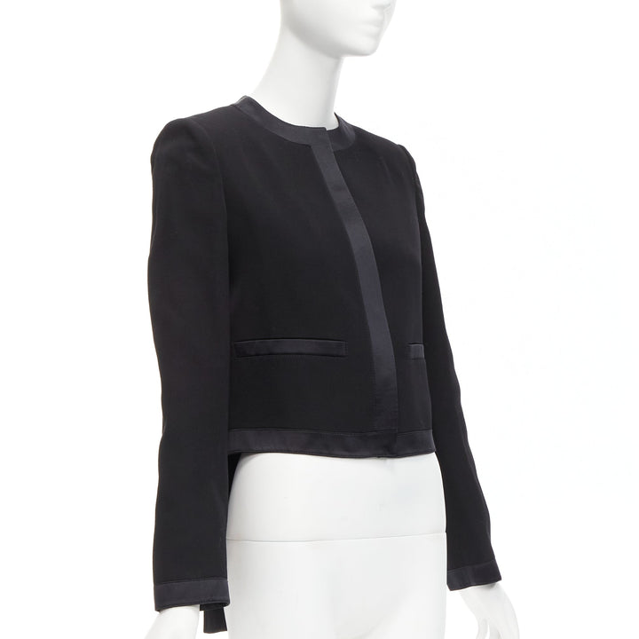 GIVENCHY black wool silk trim high low hem minimal classic jacket FR38 M