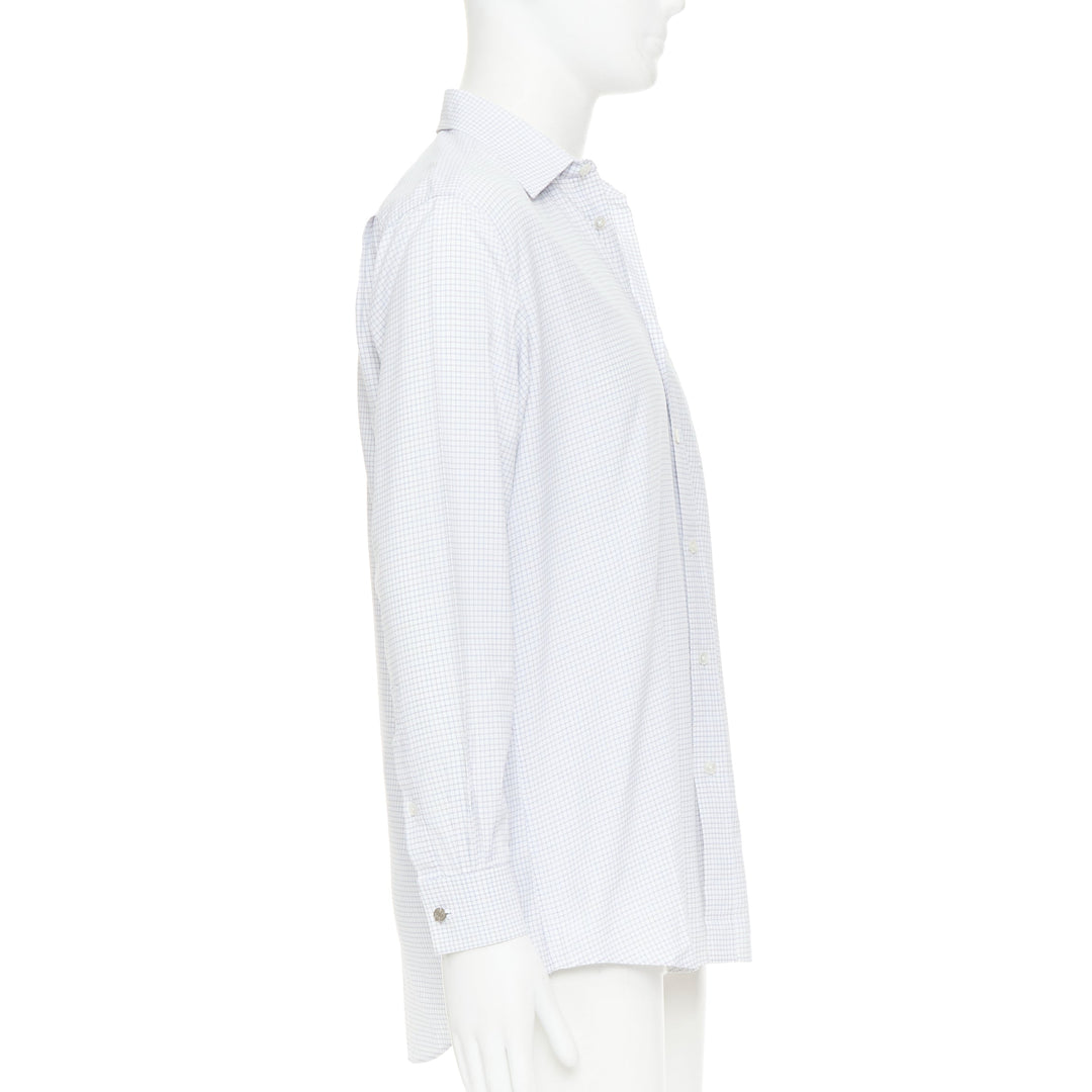 HERMES white blue small checked cotton collared shirt EU39 M