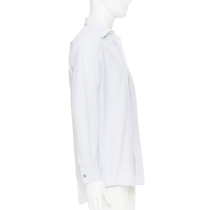 HERMES white blue small checked cotton collared shirt EU39 M