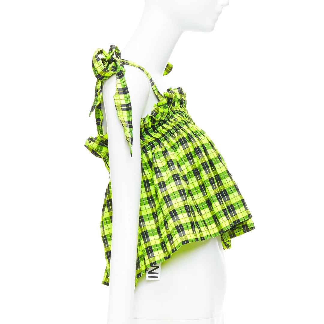 GANNI Checked Seersucker neon green ruffle tie shoulder crop top FR36 S