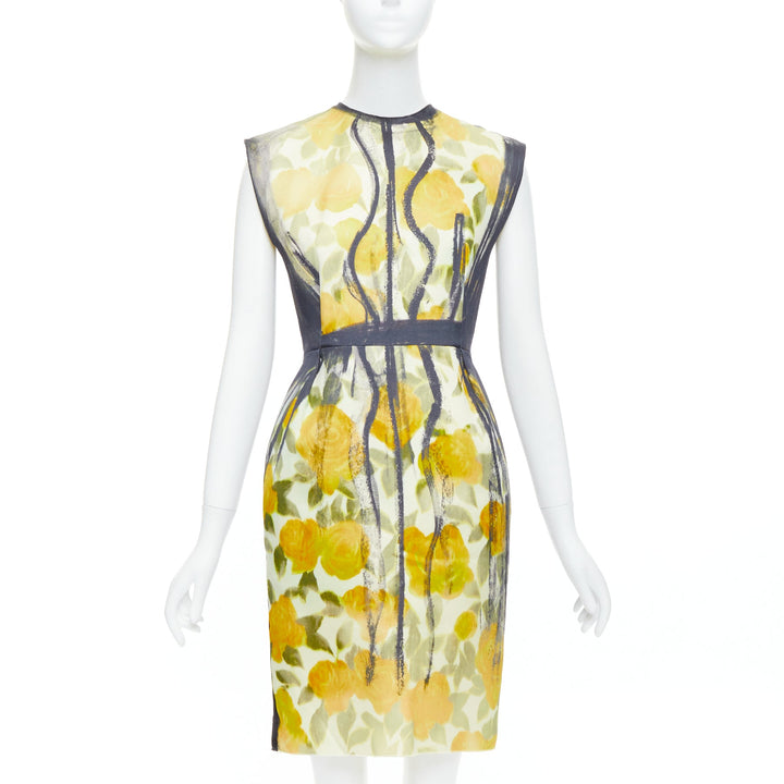 LANVIN Les 10 Ans yellow black cotton silk floral print dress FR36 S Emma Stone