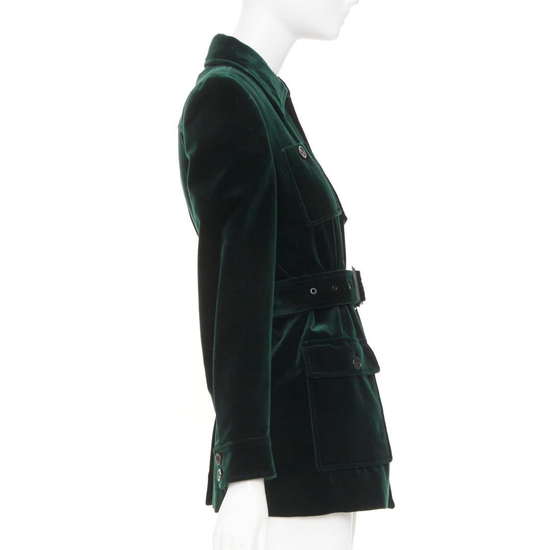 SAINT LAURENT 2025 Saharienne emeraude green belted cotton velvet jacket FR34 XS