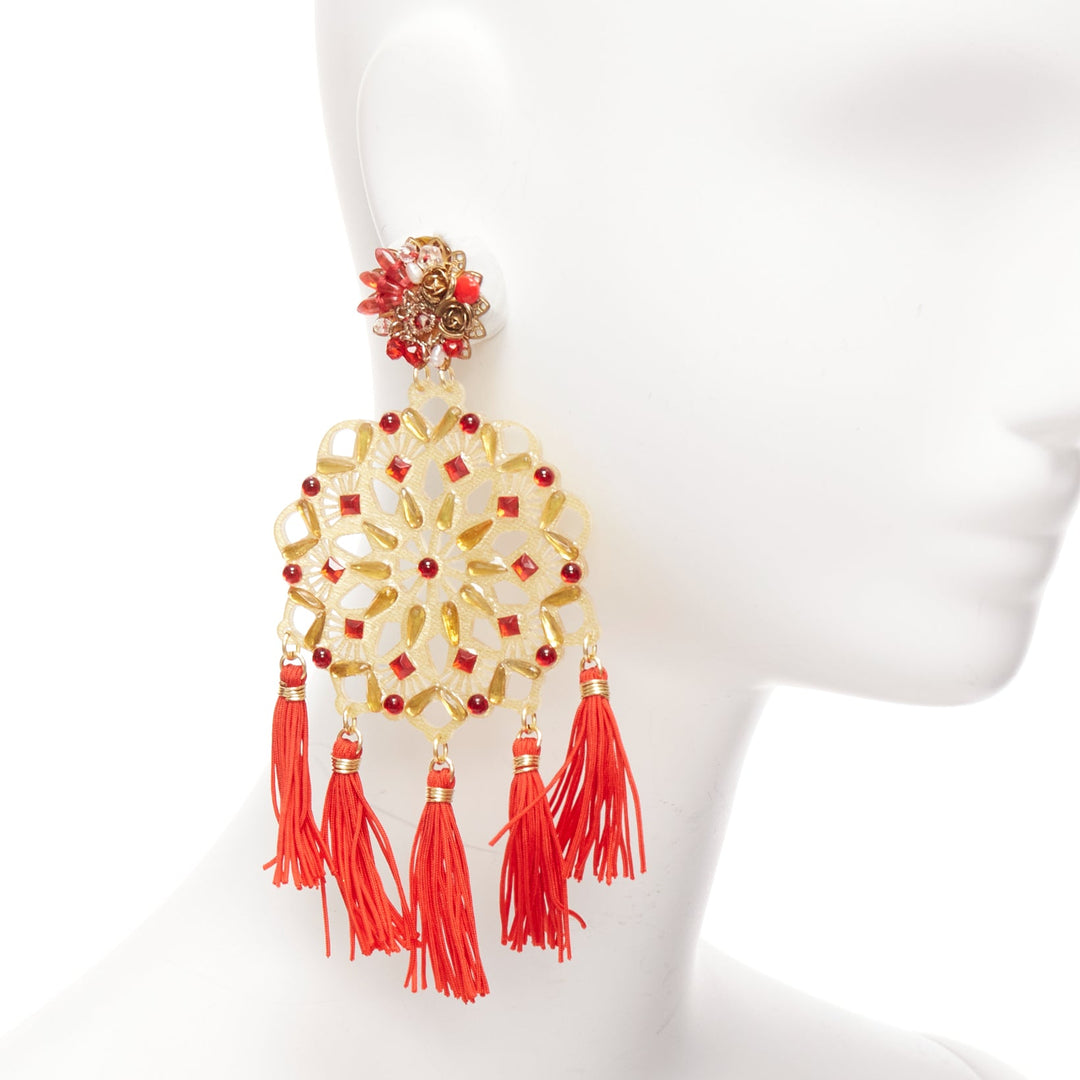 MERCEDES SALAZAR gold red acrylic beads tassel new year clip on earrings
