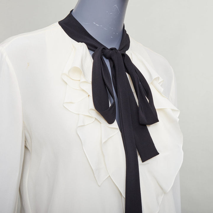 CHLOE milk cream black 100% silk tie neck ruffled peasant blouse FR36 S