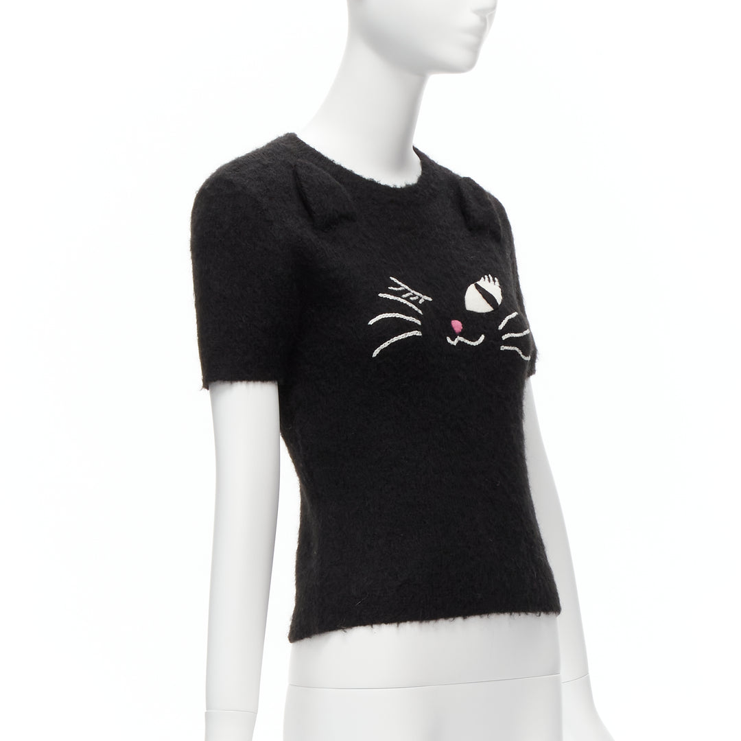 rare MOSCHINO BOUTIQUE black winking cat 3D ears furry cropped sweater IT42 M