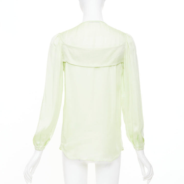 GIVENCHY pale lime green collarless covered button gathered silk blouse FR34 XS
