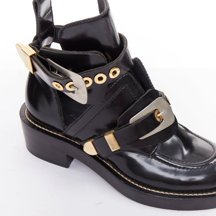 BALENCIAGA Ceinture black mixed metal hardware black cut out moto boots EU35.5