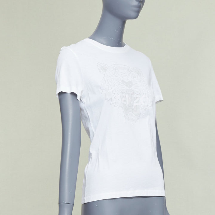KENZO Jungle white cotton grey tiger felt print fitted crew tshirt S