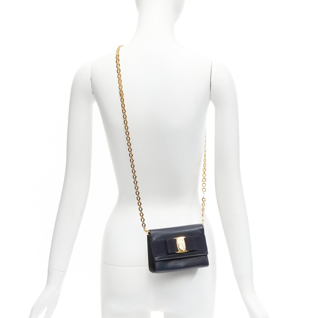 SALVATORE FERRAGAMO Vara Bow black scaled leather gold chain shoulder waist bag