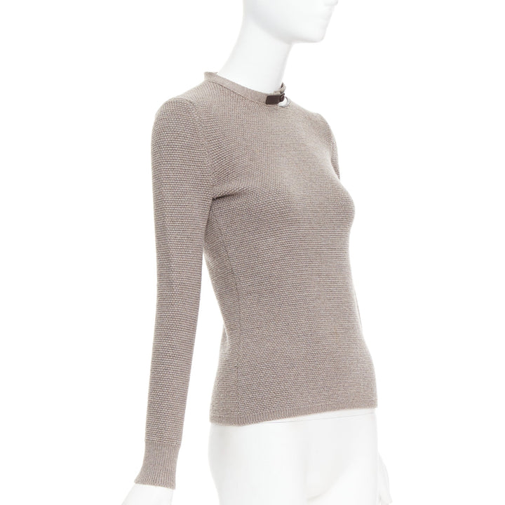 TOM FORD taupe fleece wool blend cut out leather collar sweater S