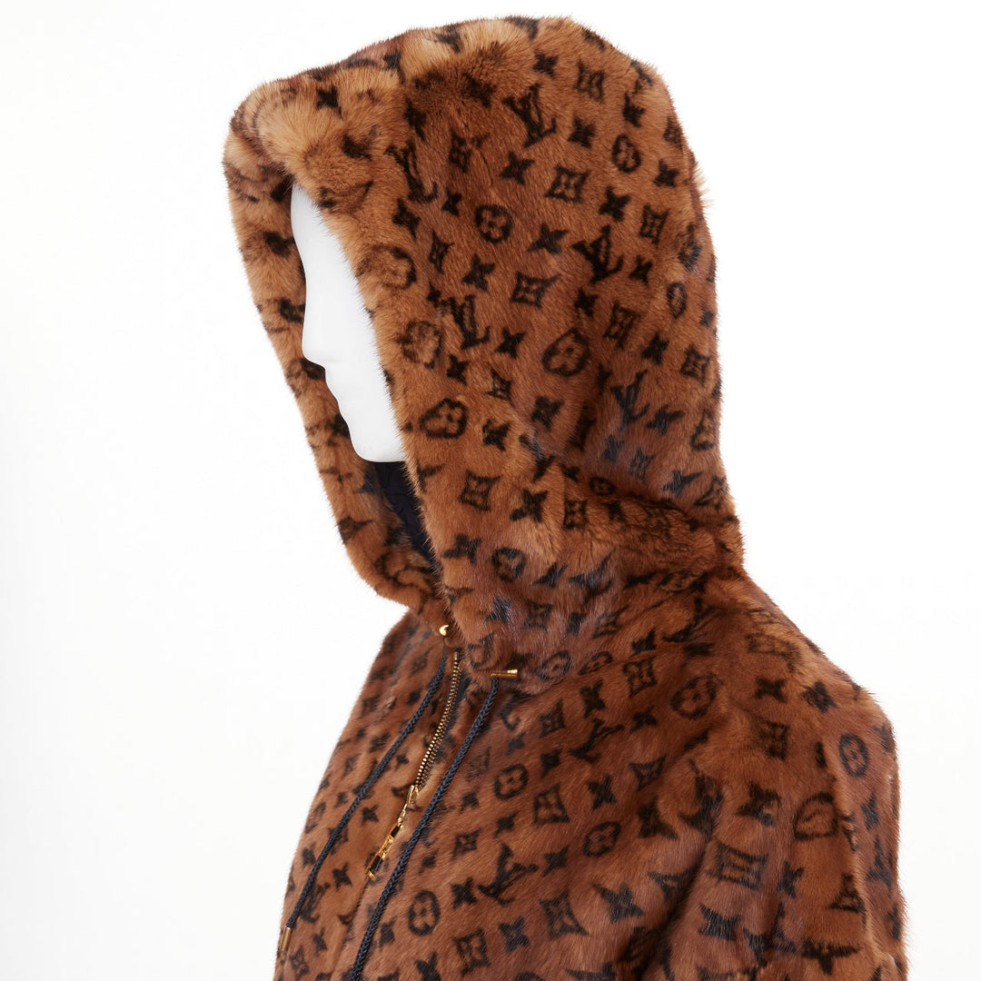 LOUIS VUITTON 2022 Monogram Mink Fur drawstring zip up hooded jacket FR34 XS