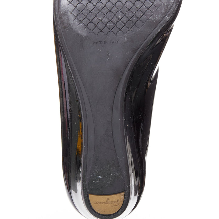 SALVATORE FERRAGAMO gold big buckle black patent leather wedges 6.5