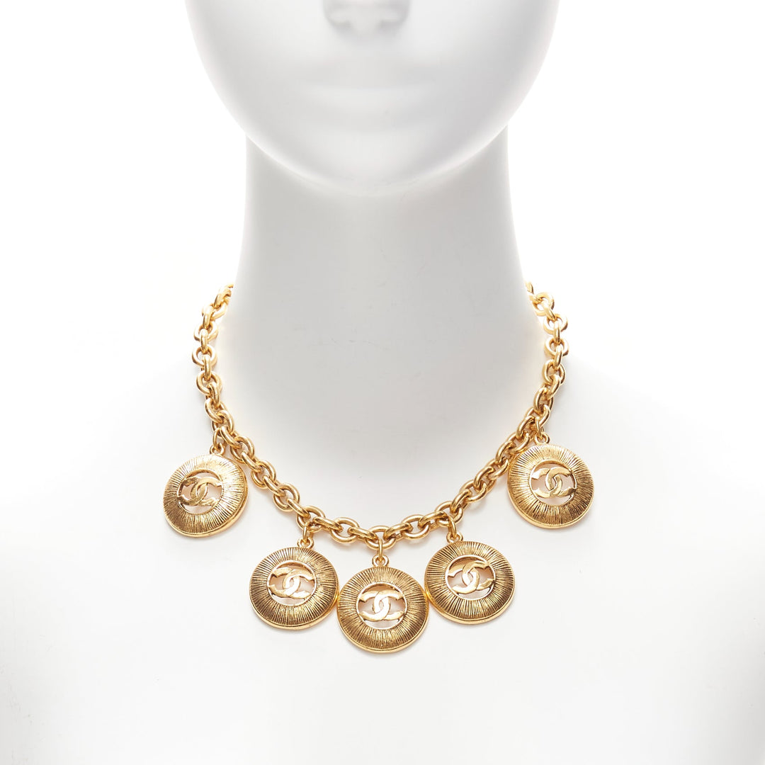 CHANEL Vintage gold CC medallion coin charm short chain necklace