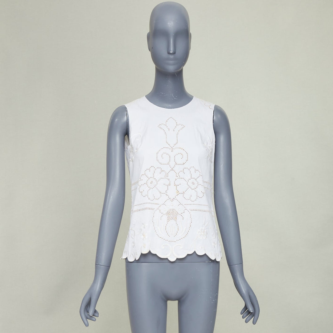 DOLCE GABBANA white cotton floral embroidered openwork scallop tank top IT38 XS