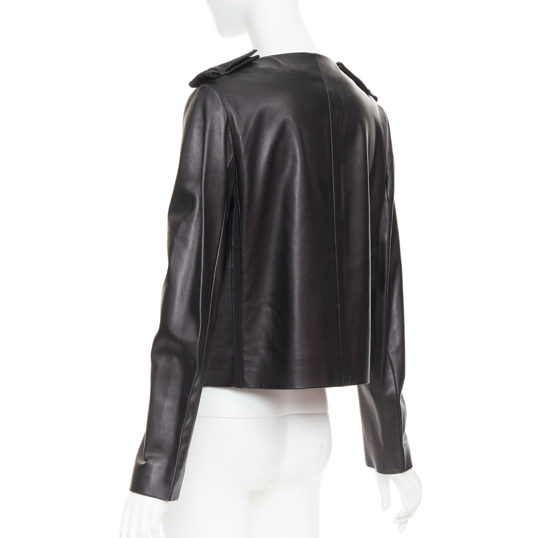 PRADA 2015 black lambskin leather grosgrain trim cropped military jacket IT44 L