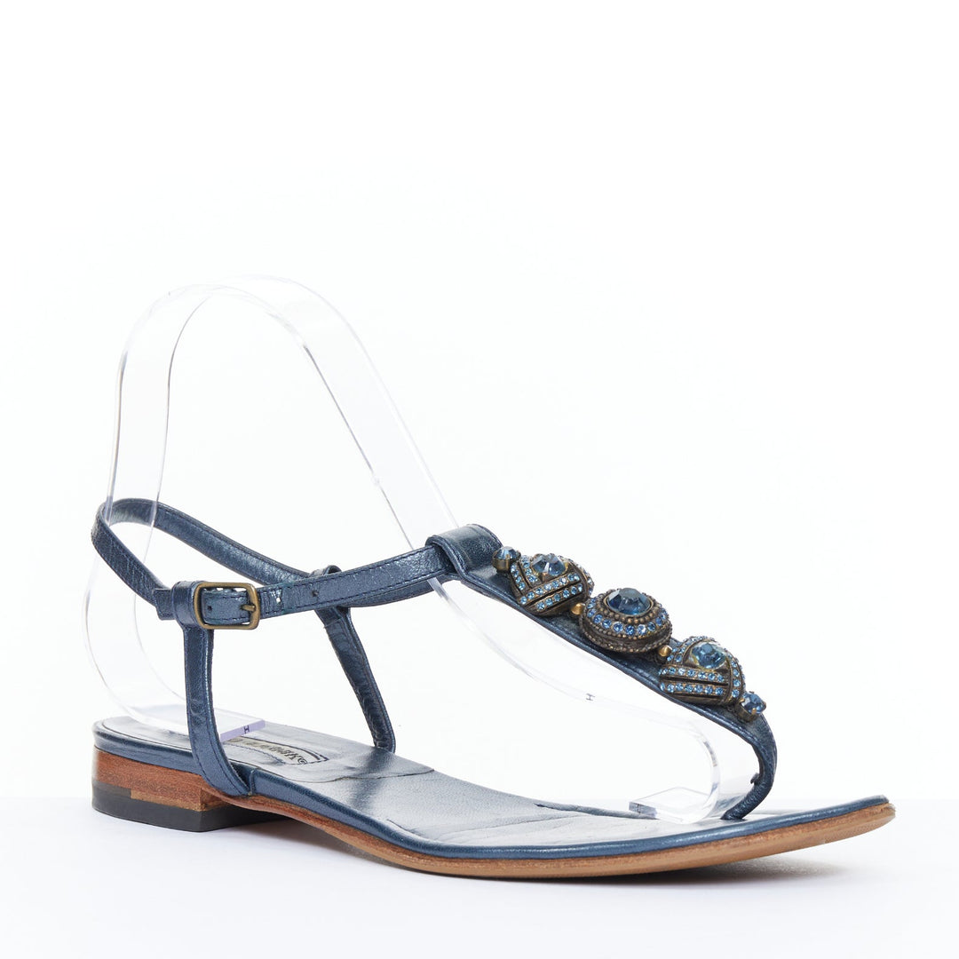 MANOLO BLAHNIK Vintage blue metallic jewel embellished tstrap sandals EU37.5
