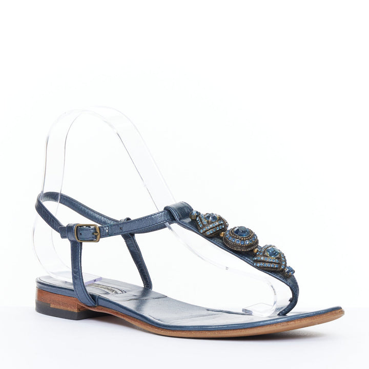 MANOLO BLAHNIK Vintage blue metallic jewel embellished tstrap sandals EU37.5