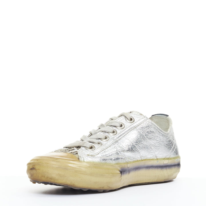 GOLDEN GOOSE May grey suede leopard calf hair silver lace distress sneakers EU37