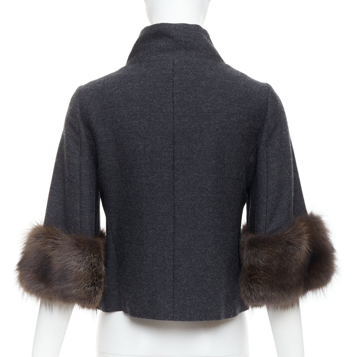 MARNI charcoal grey fur trim flare wool blend cropped jacket IT40 S