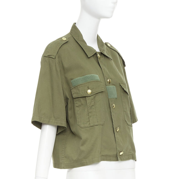 CELINE khaki green cotton gold Triomphe button military cropped shirt FR36 S