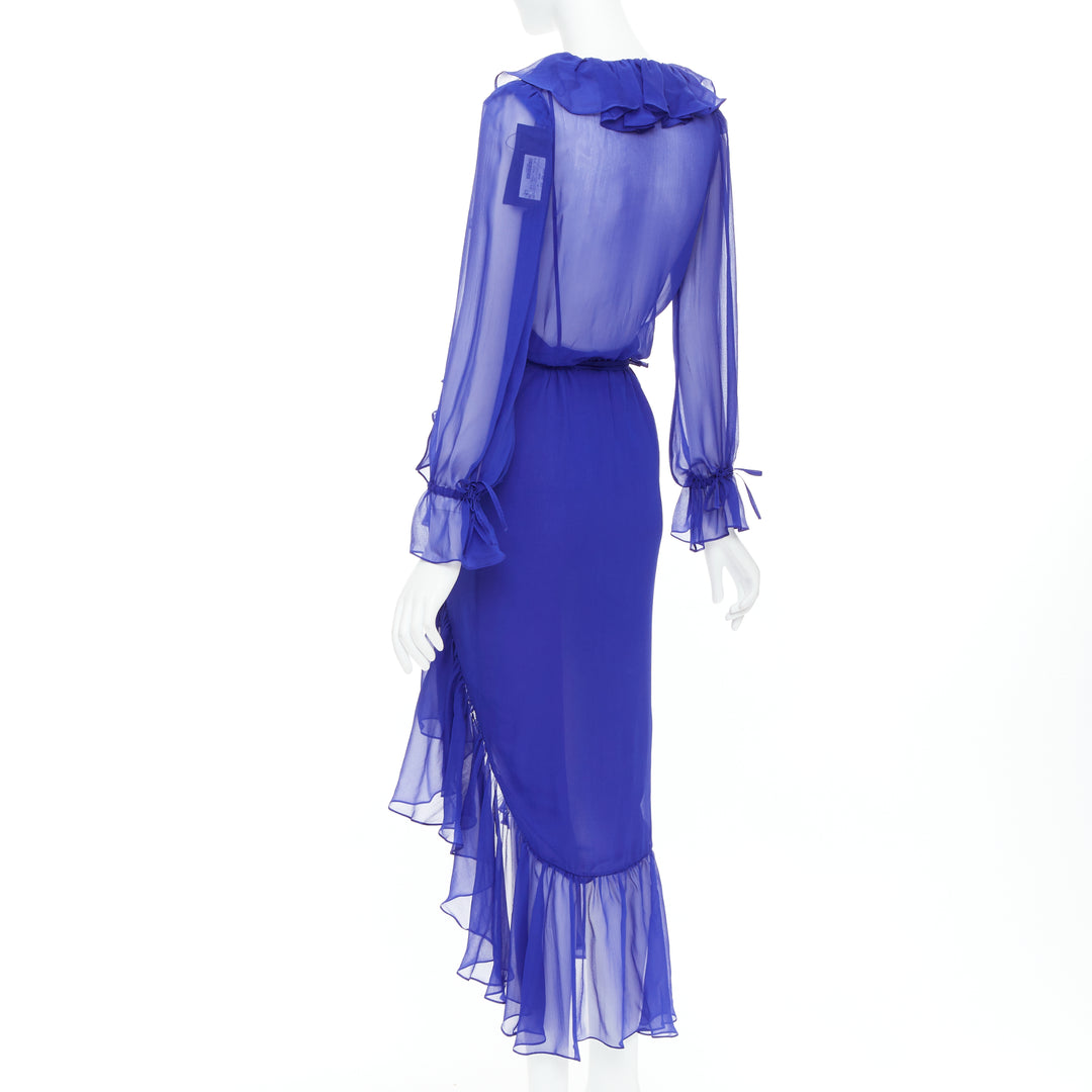 SAINT LAURENT 2020 Runway Majorelle cobalt blue silk ruffle wrap dress FR36 S