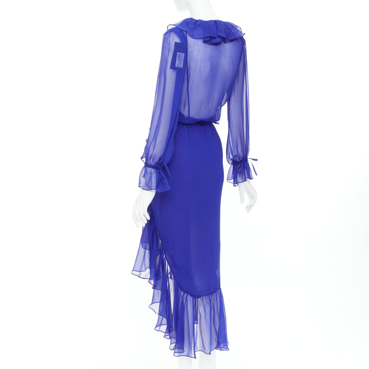 SAINT LAURENT 2020 Runway Majorelle cobalt blue silk ruffle wrap dress FR36 S