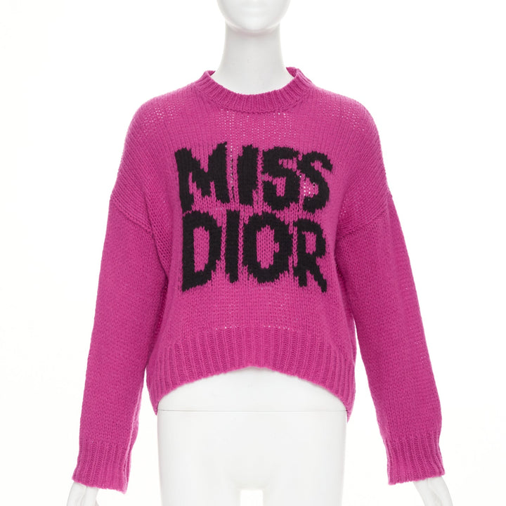 DIOR 2024 Runway Miss Dior magenta pink black logo cashmere silk sweater FR34 XS