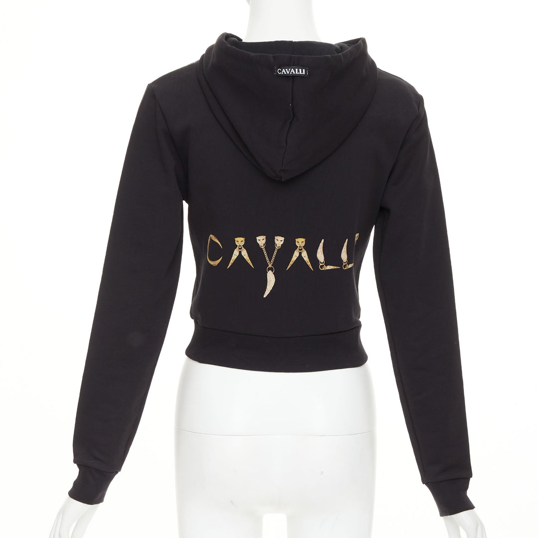 ROBERTO CAVALLI Snake And Logo-Print black cotton crystal embellished hoodie XS