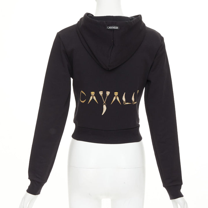 ROBERTO CAVALLI Snake And Logo-Print black cotton crystal embellished hoodie XS
