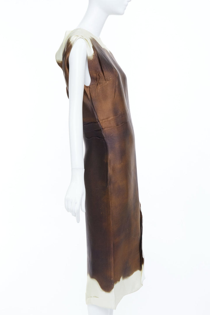 PRADA 2023 Runway brown watercolor print satin creased paper effect dress IT40 S